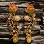 Mat Polish Earrings with Green Orange and Pearl Work